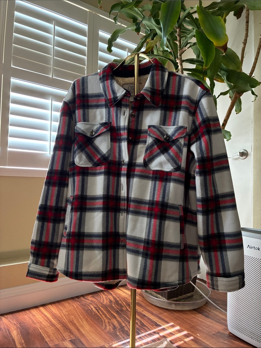 Plaid Sherpa-Lined Shacket - White, Black & Red
